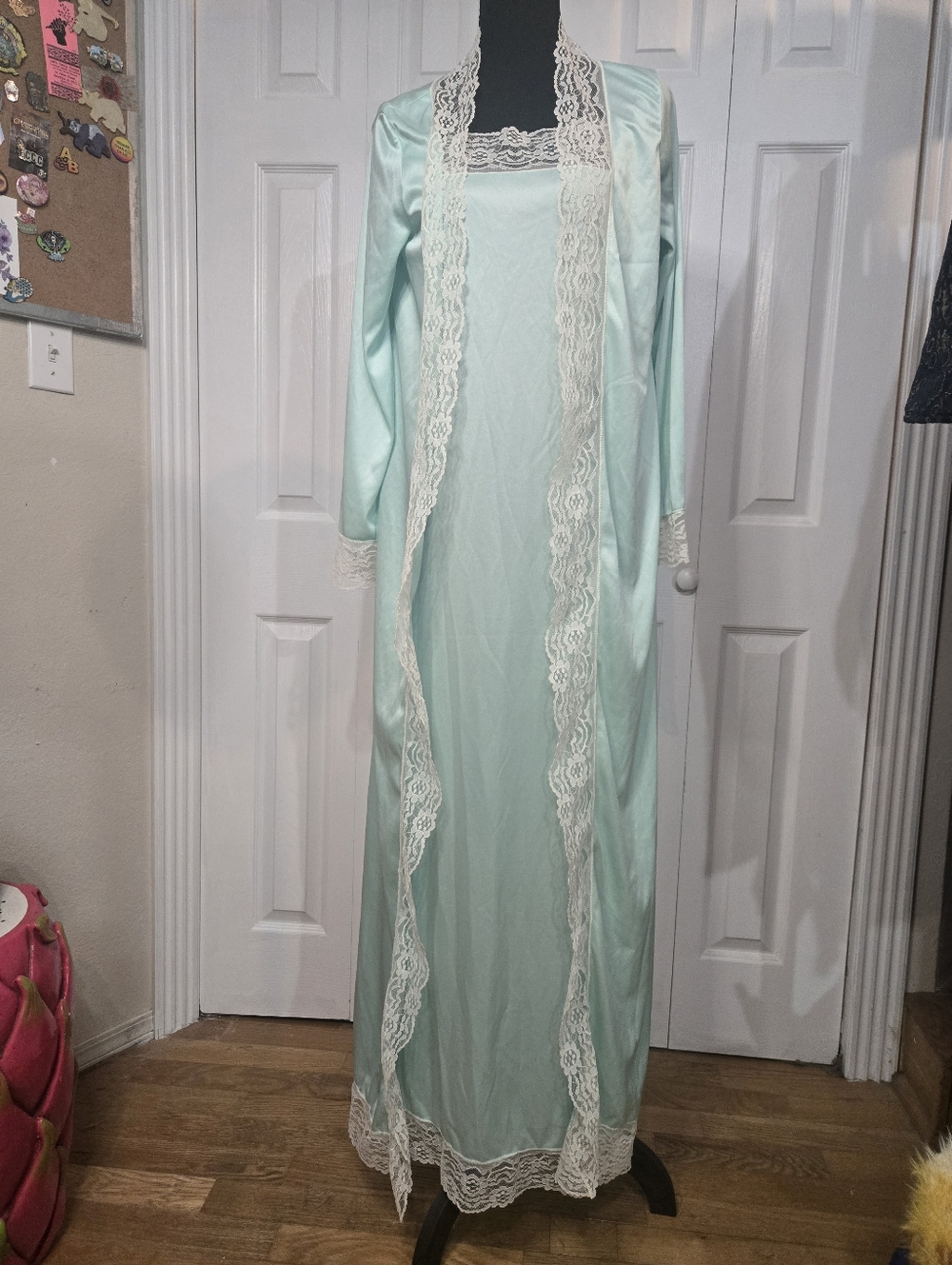 Vintage Light Blue Long Slip Nightgown with White Lace Trim Peignoir SET Robe